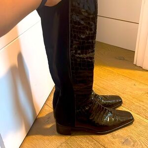 Stuart Weirzman Over the Knee Crocodile Patent Leather Boots